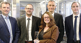 (Left to right): Andreas Ziegler, Mathias Lischer and Martin Zarges of Schurter UK, presenting the award to Joanne Bradbury and Michael McIntyre of RS Components.